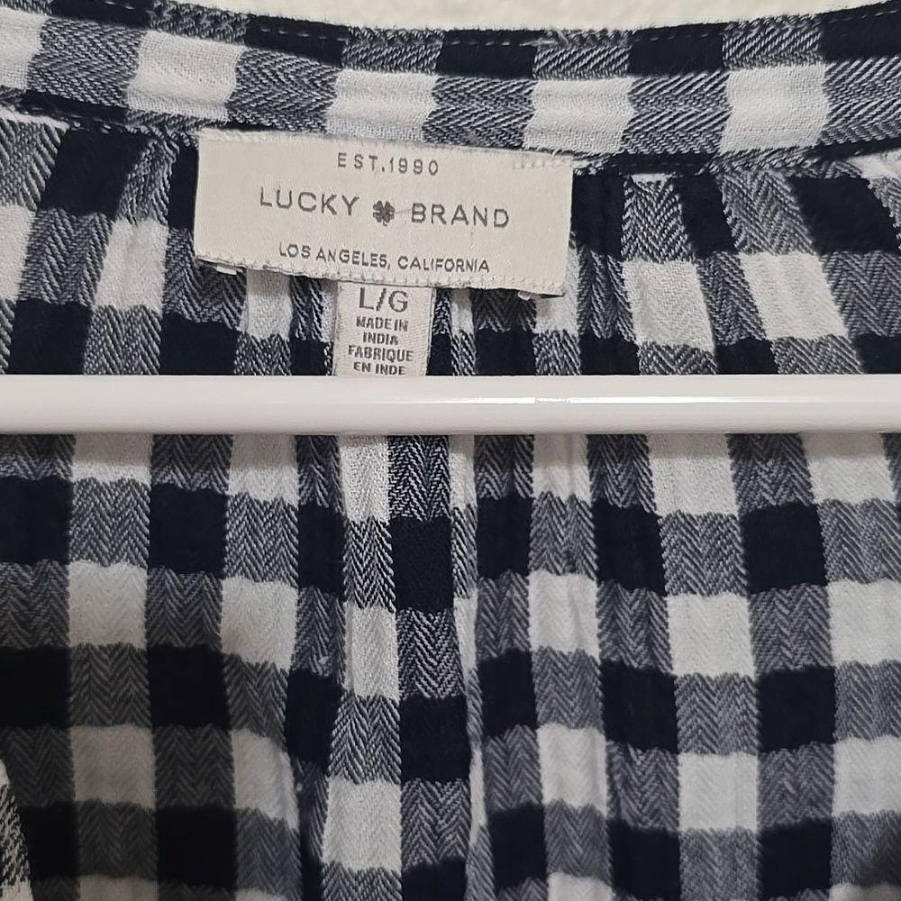 - Lucky Brand Black & White Checkered Long Sleeve Blouse L - Picture 2 of 6